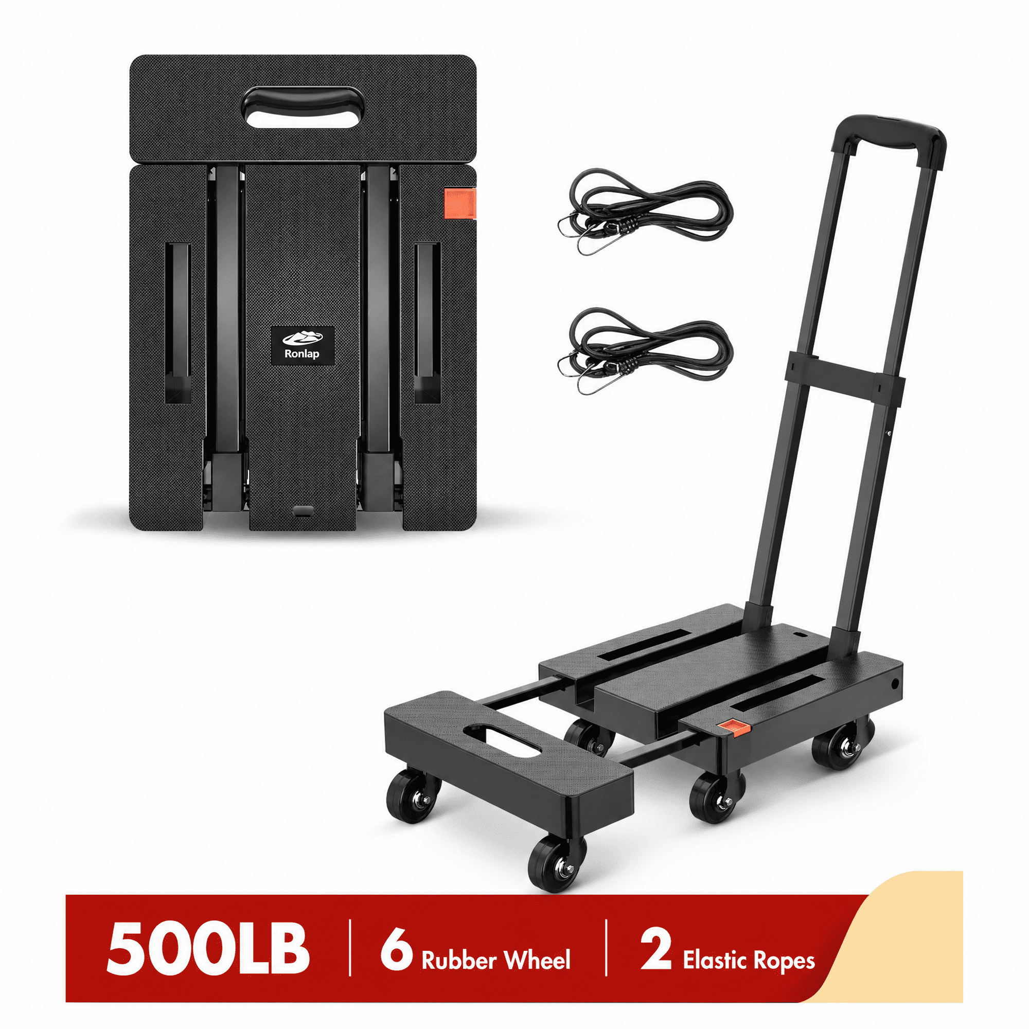 LLMRR Folding Hand Truck, Heavy Duty Dolly Cart, Collapsible Luggage Cart with 6 Wheels & 2 Elastic Ropes, 500 LB Capacity Portable Luggage Cart for Moving, Traveling and Shopping, Black