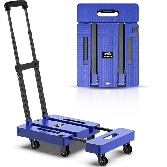 LLMRR Folding Hand Truck, Heavy Duty Dolly Cart, Collapsible Luggage Cart with 6 Wheels & 2 Elastic Ropes, 500 LB Capacity Portable Luggage Cart for Moving, Traveling and Shopping, Blue