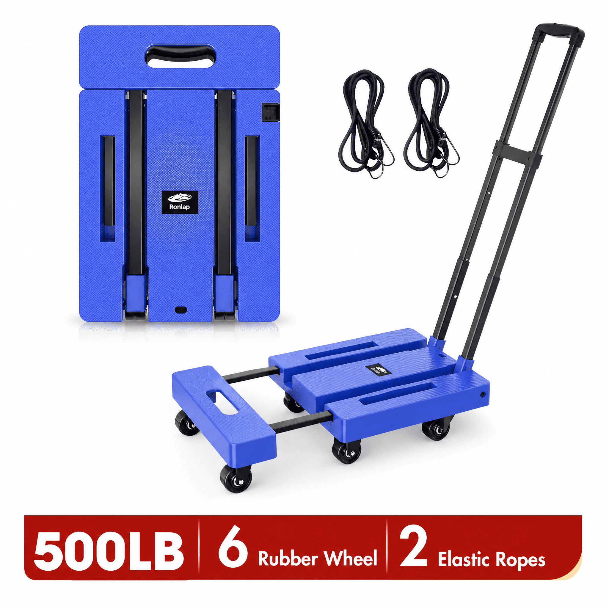 LLMRR Folding Hand Truck, Heavy Duty Dolly Cart, Collapsible Luggage Cart with 6 Wheels & 2 Elastic Ropes, 500 LB Capacity Portable Luggage Cart for Moving, Traveling and Shopping, Blue