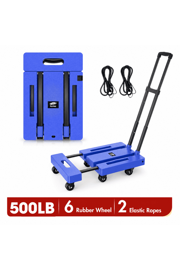 Folding Hand Truck, Heavy Duty Dolly Cart, Collapsible Luggage Cart with 6 Wheels & 2 Elastic Ropes, 500 LB Capacity Portable Luggage Cart for Moving, Traveling and Shopping, Blue