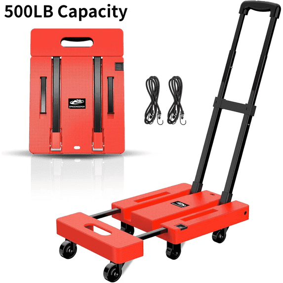 Foldable Dolly, Heavy Duty Dolly Cart, Folding Hand Truck with 6 Wheels & 2 Bungee Hooks, 500 LB Dolly Cart Capacity Portable Luggage Cart for Moving, Traveling and Shopping, Orange, 6 Wheels