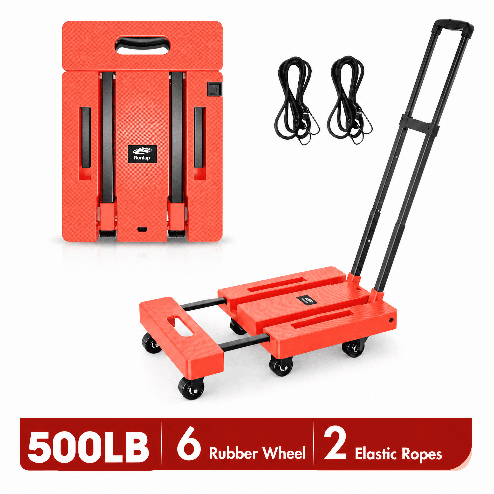 Foldable Dolly, Heavy Duty Dolly Cart, Folding Hand Truck with 6 Wheels & 2 Bungee Hooks, 500 LB Dolly Cart Capacity Portable Luggage Cart for Moving, Traveling and Shopping, Orange, 6 Wheels