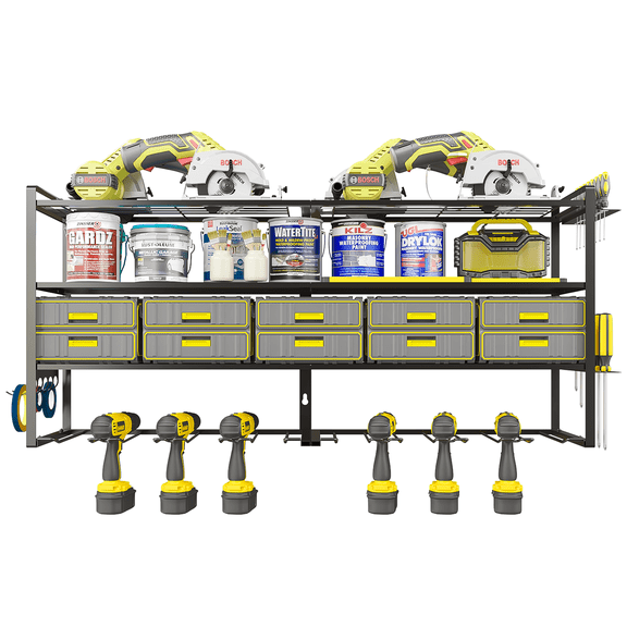 LLMRR Power Tool Organizer 8 Drill Holder, 250 LB Load, 4 Layer Heavy Duty Garage Organization, Cordless Tool Storage Battery Shelf, Garage Tool Organizer Storage for Hammer, Screwdriver, Hooks Rack