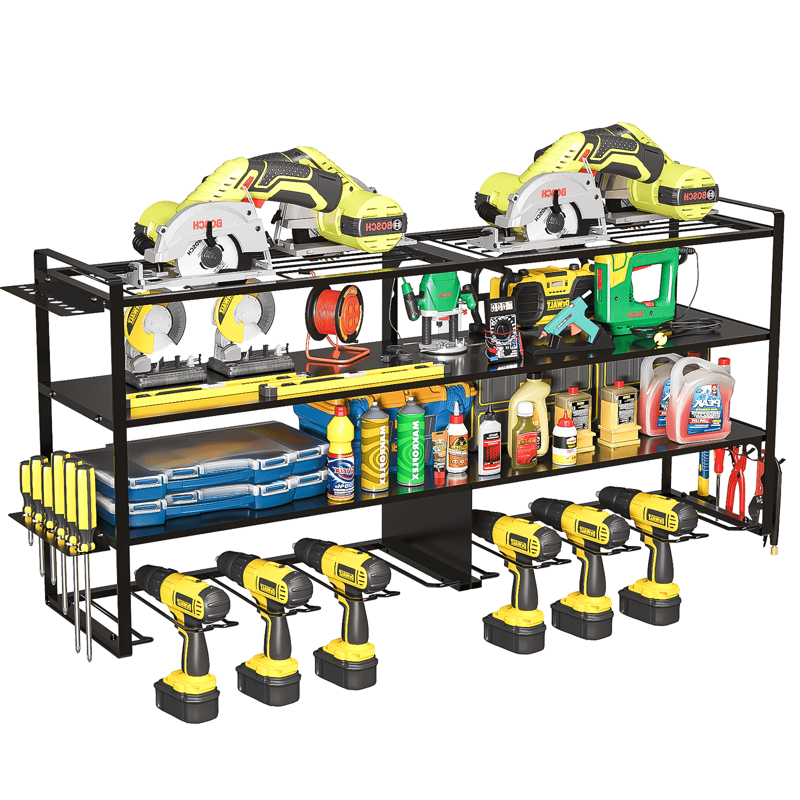 LLMRR Power Tool Organizer 8 Drill Holder, 250 LB Load, 4 Layer Heavy Duty Garage Organization, Cordless Tool Storage Battery Shelf, Garage Tool Organizer Storage for Hammer, Screwdriver, Hooks Rack