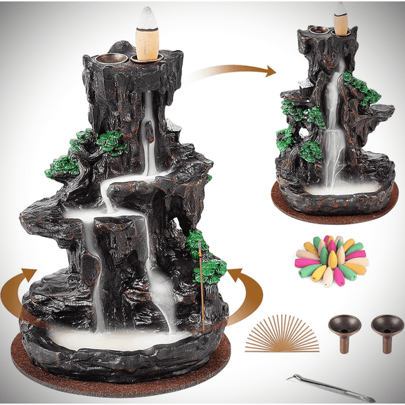 LLMRR Waterfall Incense Burner, Backflow Incense Burner, Resin Mountain Incense Holders with 30 Incense Stick & 120 Backflow Incense Cones, Monk Incense Burner for Office, Yoga Room, Double Side