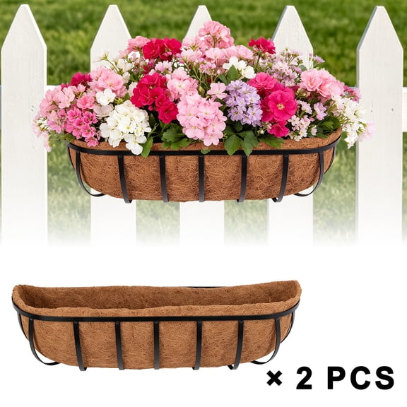 LLNC 2 Packs 24 Inch Metal Window Box Railing Planters with Coco Coir Liners, Outdoor Hanging Flower Planter Boxes for Deck Porch Fence Balcony