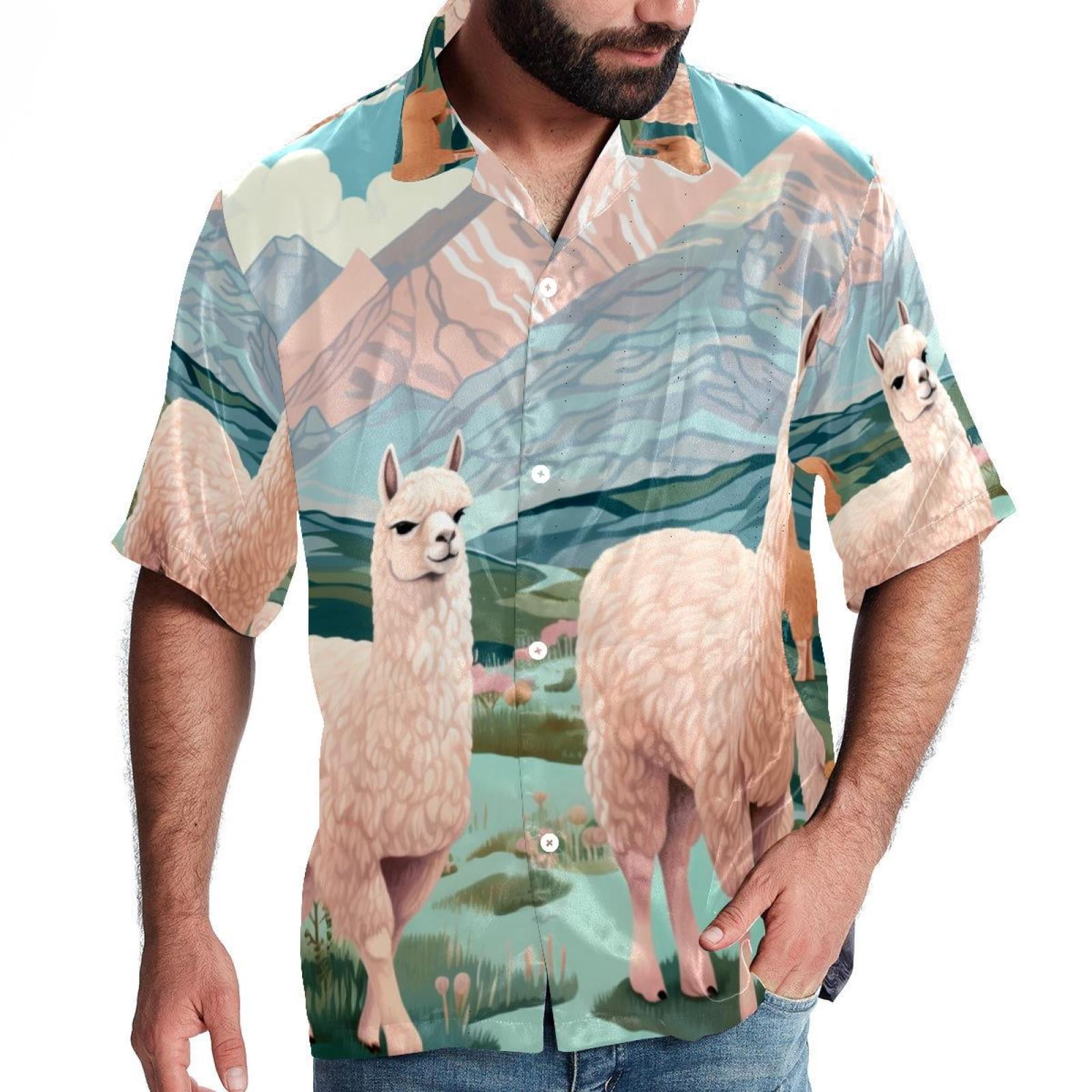 LLNSUPPLY Men’s Hawaiian Shirt Printed Button Down Short Sleeves Alpaca