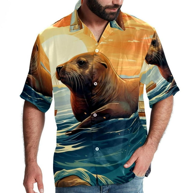 LLNSUPPLY Men’s Hawaiian Shirt Printed Button Down Short Sleeves Sea ...