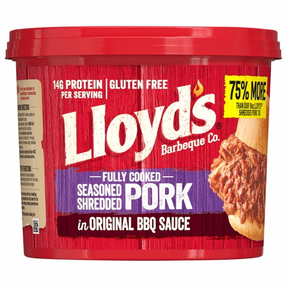 LLOYD'S Shredded Pulled Pork in Barbecue Sauce, Fully Cooked 28 oz, Plastic tub