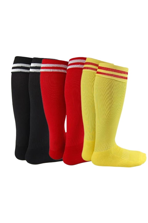 Exceptional Girl's 3 Pair's Knee High Sports Socks for Soccer, Softball, Baseball, and Many Other Sports XL002 Size M, Black, Red, Yellow