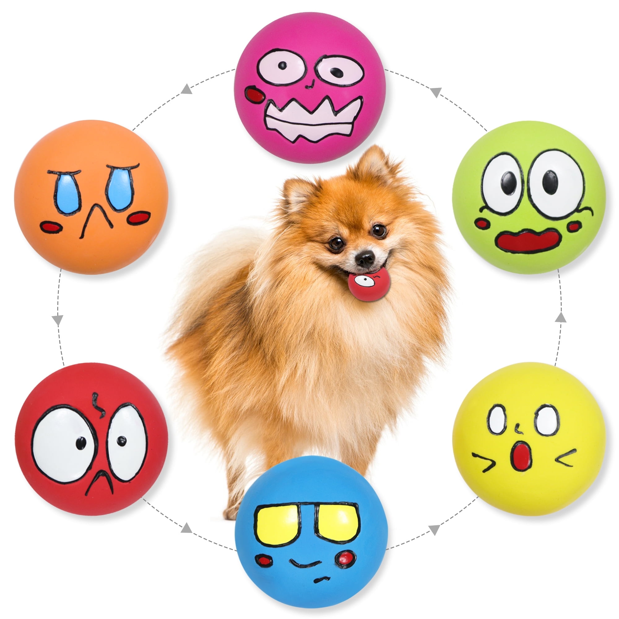 LLSPET Squeaky Dog Toys Smiley Face Soft Dog Balls Latex Rubber Chewing Squeak Dog Toys for Small Medium Puppy Pet Dogs 6 Pack