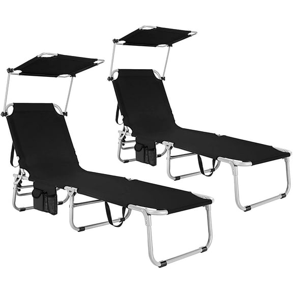 LLToo Tanning Chair, Foldable Beach Lounge Chair with 360°Canopy Sun Shade, Side Pocket, 5-Position Adjustable Outdoor Chaise Lounge Chair for Patio Pool Yard Lawn (2, Black)