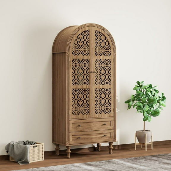 LLUMAMIN 70" Tall Arched Pantry Cabinet, Arch Hollow Kitchen Pantry Storage Cabinet with 2 Drawers and Hanging Rod for Dining Room, Living Room, Kitchen, Walnut