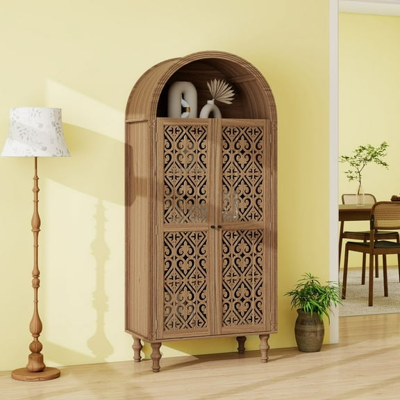 LLUMAMIN 70" Tall Arched Pantry Cabinet, Hollow 2 Doors Kitchen Pantry Storage Cabinet 5 Tiers Arch Bookcase for Dining Room, Living Room, Bed Room, Walnut