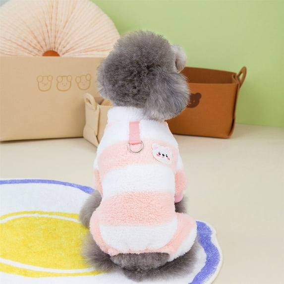 LLXD Dog Winter Fleece Bodysuit Pink XL 4-Leg Striped Warm Pet Clothes with D-Ring for Small to Medium Breeds Cozy Puppy Pajamas Coat