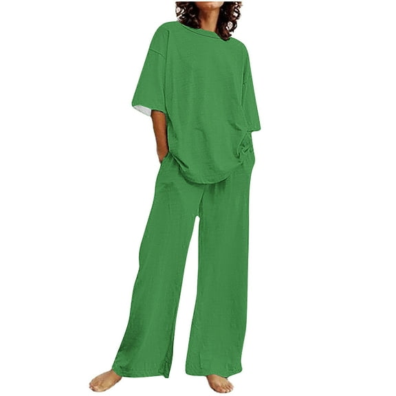 LLYWEY 2 Piece Sets for Women, Summer Outfit Sets, 2025 New Casual Elbow-Length Crew Neck Wide Leg Pants Suits Travel Beach Vacation Outfits New-1 Green L