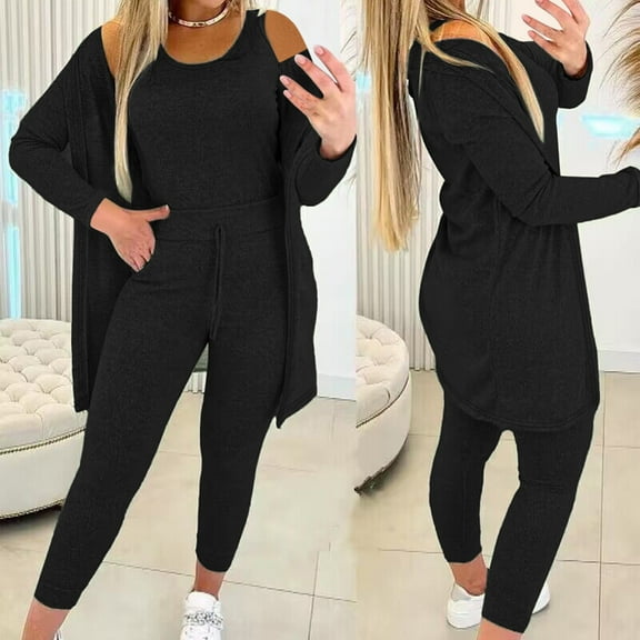 LLYWEY 3 Piece Outfits for Women Casual Summer Sleeveless Tank Tops, High Waisted Leggings and Long Sleeve Open Front Cardigan Outfit Sets New-24 Black XL