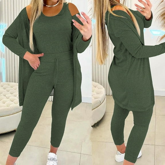 LLYWEY 3 Piece Outfits for Women Casual Summer Sleeveless Tank Tops, High Waisted Leggings and Long Sleeve Open Front Cardigan Outfit Sets New-24 Green-a L