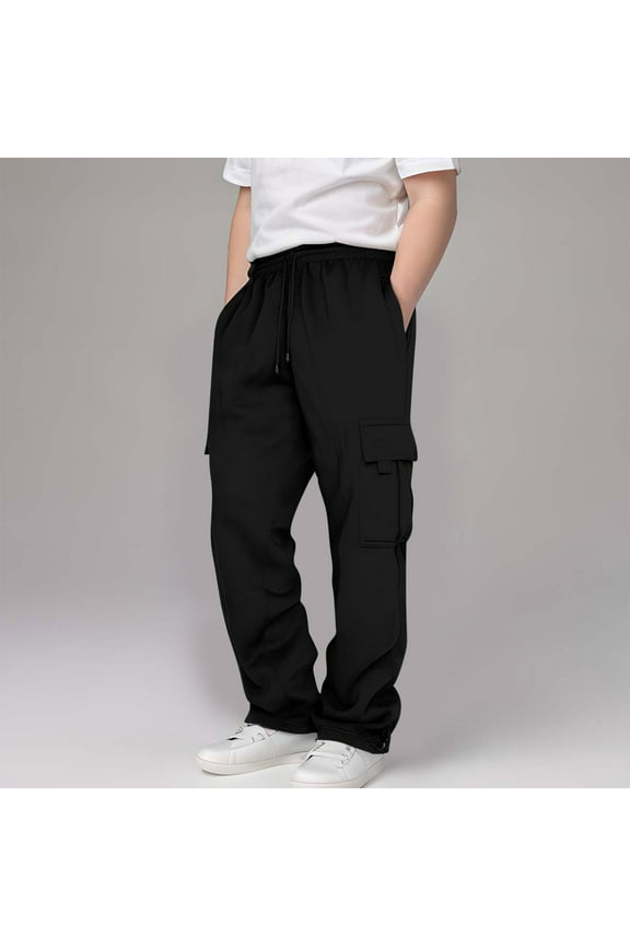 Boys Cargo Pants, Toddler Sweatpants, Kids Boys Girls Solid Drawstring Elastic Waist Straight Leg Long Trousers with Pockets Trendy Lightweight Pull on Jogger Pants, Style-PT-23, Black, 11T