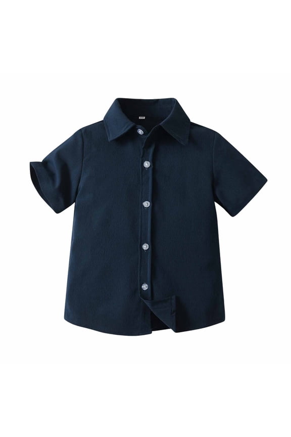 Boys' and Toddler Boys' Short Sleeve Button Down Shirt - Solid Color Boys Dress Shirts - Kids Collared Button up Casual Blouse Size 3-8 Years, Style BY-11, Dark Blue, 3-4T