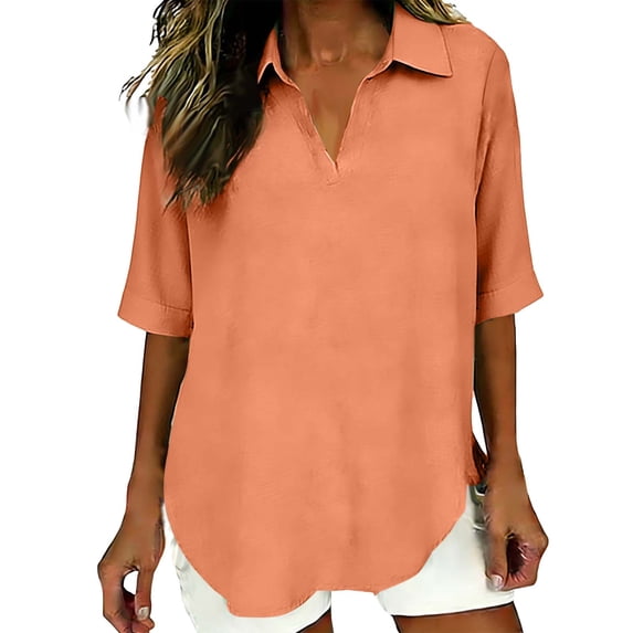 V-Neck Linen Shirt for Women Collared Elbow-Length Tees Shirts Travel Casual Loose Pullover Classic T-Shirt