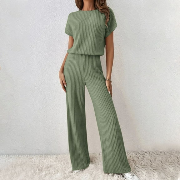 LLYWEY Casual Outfits for Women 2 Piece Set Warm Knit Round Neck Short Sleeve Pullover Tops Wide Leg Long Pants Sets Two Piece Outfits New-28 Green M