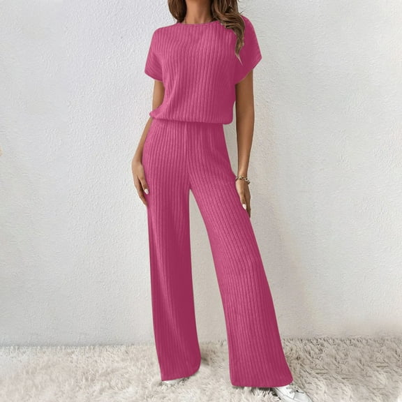 LLYWEY Casual Outfits for Women 2 Piece Set Warm Knit Round Neck Short Sleeve Pullover Tops Wide Leg Long Pants Sets Two Piece Outfits New-28 Pinky M