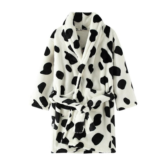 LLYWEY Cow Print Toddler Robe - Kids Fleece Bathrobes for Girls Boys Shawl Collar Wrap V-Neck Long Sleeve Bath Robes with Belt Toddler Bathrobe Side Pockets Sleepwear White 9T