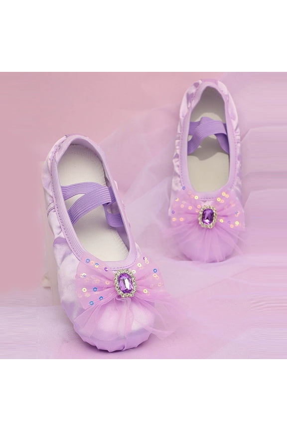 Dance Shoes for Girls, Toddler Ballet Flats, Kids Soft Lightweight Elastic Straps Practice Slippers with Bow, Style S-17, Purples, 14T