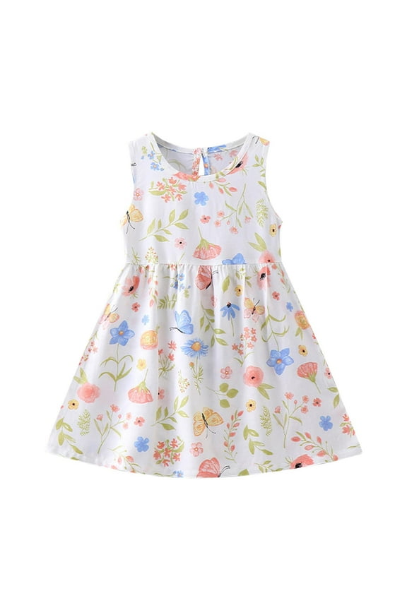 Dresses for Girls Easter Outfits - Toddler Girl Summer Dresses - Kids Cute Floral Print Sleeveless Casual Sundress Ruffle Pleated A-Line Sundress Age Size 2-7 Years, Style BY-118, White, 2T
