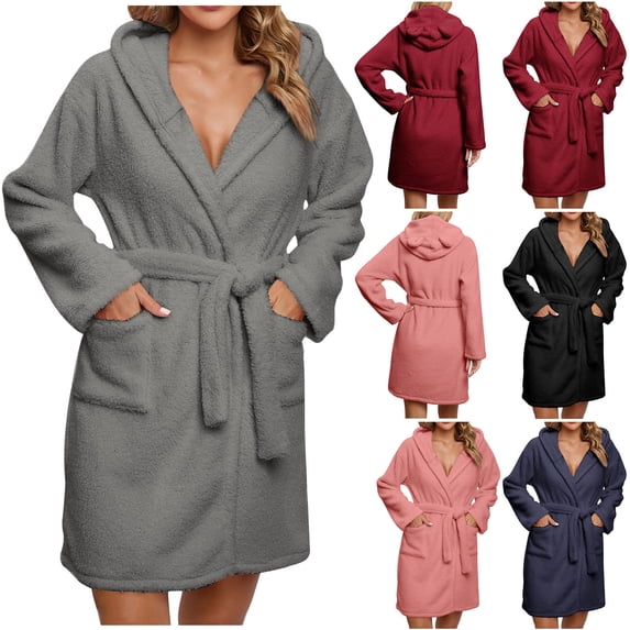 LLYWEY Fleece Short Bathrobe Women - Winter Warm Fuzzy Robes - Wrap Long Sleeve Hooded Bath Robe with Tie Belt