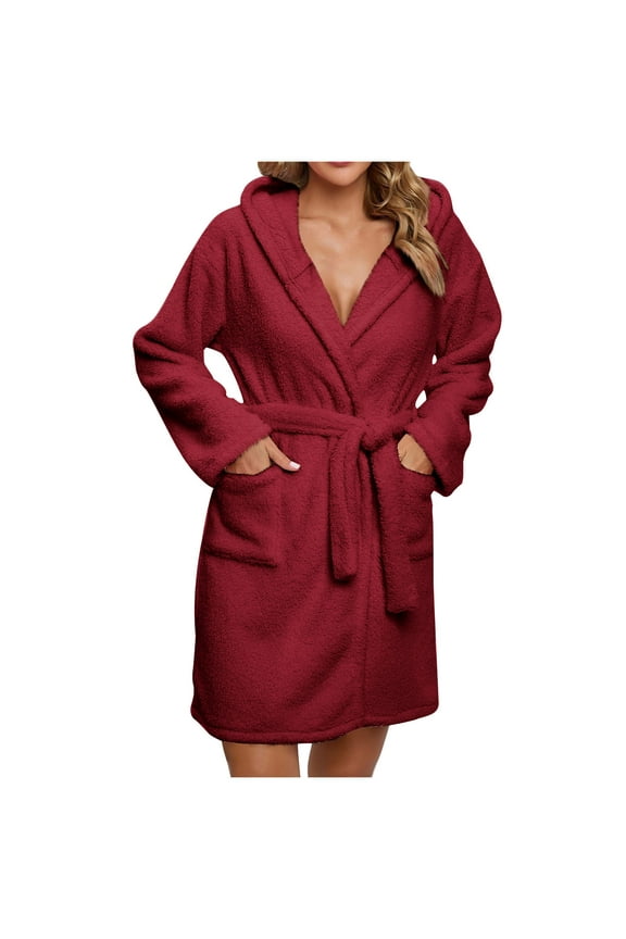 Fleece Short Bathrobe Women - Winter Warm Fuzzy Robes - Wrap Long Sleeve Hooded Bath Robe with Tie Belt