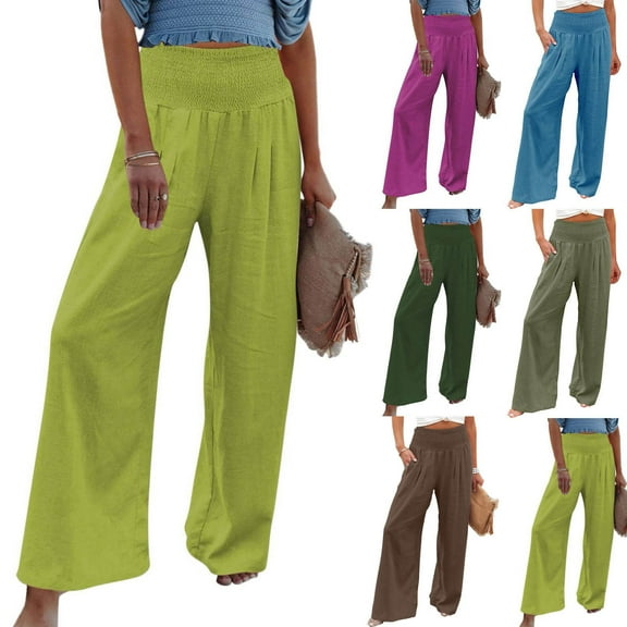 LLYWEY Flowy Wide Leg Pants for Women Summer High Waisted Cotton Linen Pants Stretch Casual Loose Elastic Waist Long Trousers with Pocket Green XXL