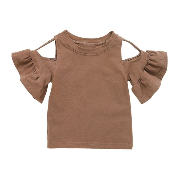 LLYWEY Girl Cold Shoulder Tops, Toddler Baby Girls Ruffle Sleeve T-Shirts, Kids Flare Short Sleeve Crew Neck Summer Tops Casual Loose Blouse Tees Shirts, Style-T-14, Brown, 3T