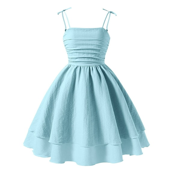 LLYWEY Girl's Ruched A Line Dress Layered Tie Shoulder Spaghetti Strap Floral Wedding Guest Party Flowy Cami Dress, Style BY-68, Blue, 10-11T