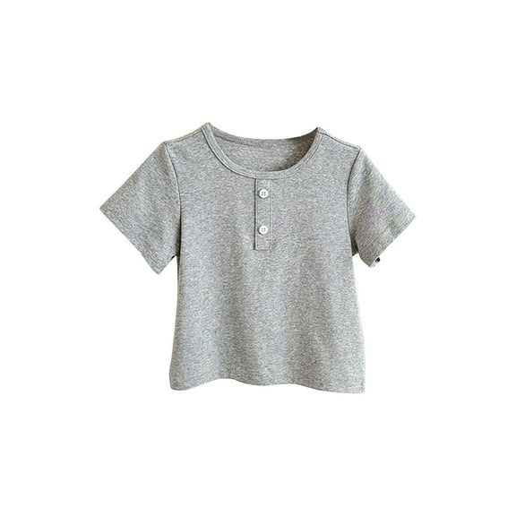 LLYWEY Girls Cotton Summer Tops, Baby Girl Short Sleeve T-Shirts, Trendy Ornamental Button Crew Neck Solid Color Tee Shirts for Toddler Kids , Style-T-10, Gray, 6T