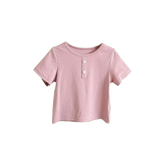 LLYWEY Girls Cotton Summer Tops, Baby Girl Short Sleeve T-Shirts, Trendy Ornamental Button Crew Neck Solid Color Tee Shirts for Toddler Kids , Style-T-10, Purples, 4T