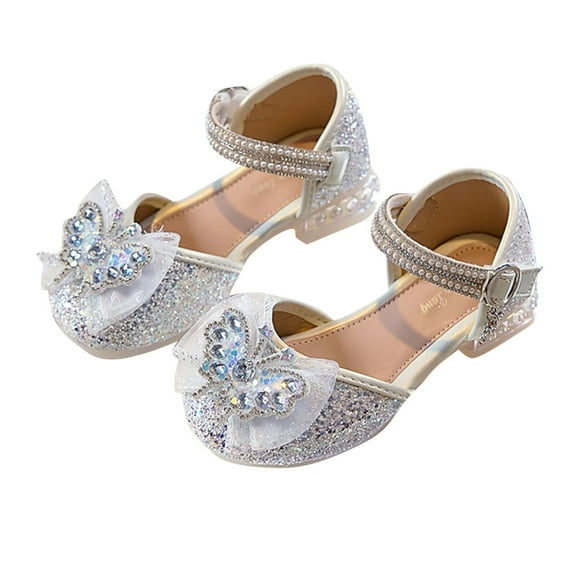 LLYWEY Girls Dress Pumps - Toddler Girls’ Glitter Sequin Princess Dance Shoes Wedding Party Closed Toe Low Heels Rhinestone Sandals, Style S-8, White, 32