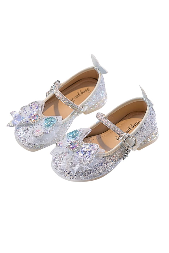 Girls Dress Shoes - Toddler Girls sparkly Shoes - Big Kids Closed Toe Low Heels Glitter Princess Dance Shoes Wedding Party Footwear, Style S-11, White, 32