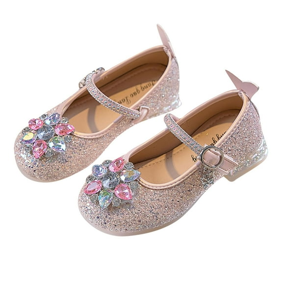 LLYWEY Girls Dress Shoes, Toddler Glitter Pumps, Big Kids Round Toe Low Heels Ankle Strap Wedding Party Princess Sequin Shoes with Rhinestone, Style S-5, Pinks, 28