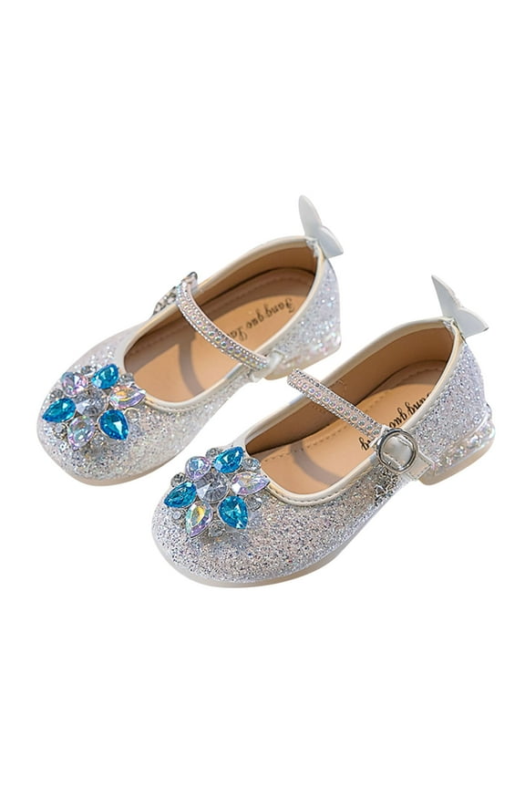 Girls Dress Shoes, Toddler Glitter Pumps, Big Kids Round Toe Low Heels Ankle Strap Wedding Party Princess Sequin Shoes with Rhinestone, Style S-5, White, 26