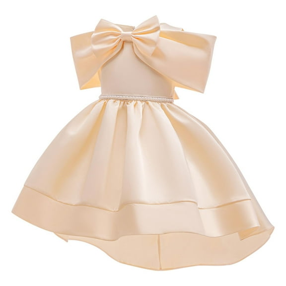 LLYWEY Girls Elegant Formal Dresses, Toddler Girl Princess Wedding Party Evening Dresses, Kid Bow Knot Back Zipper Off Shoulder Sleeveless Special Occasion Satin Gowns, Style BY-34, Yellow, 9T