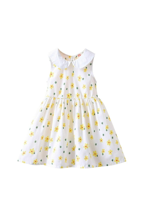 Girls Floral Collared Dresses, Toddler Girl Floral Sleeveless Dresses, Back Zipper Cotton Spring Summer Easter Casual Sundress Size 2-8 Years, Style BY-32, Yellow, 3T