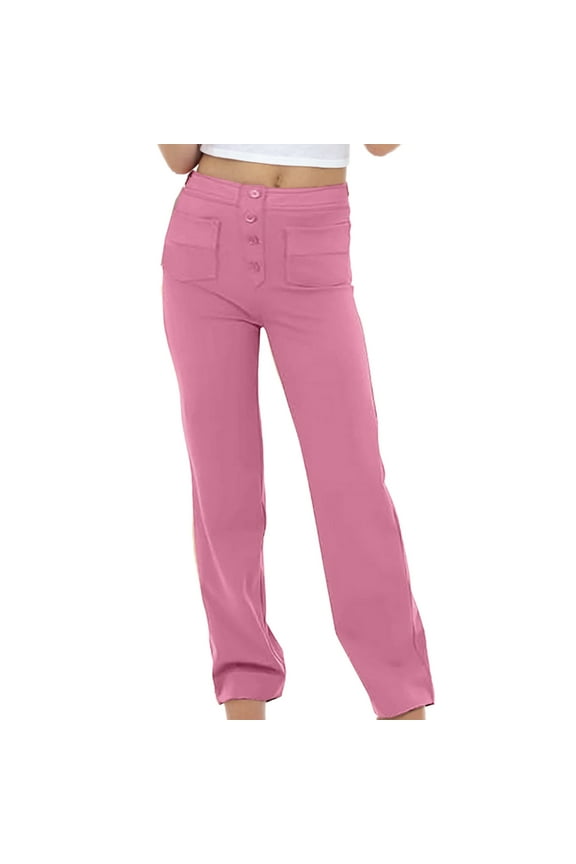 Girls High Waist Pants, Kids Cargo Pants with Pocket, Teen Girls Casual Loose Solid Color Button Straight Leg Long Trousers, Style-PT-6, Pinks, 11T