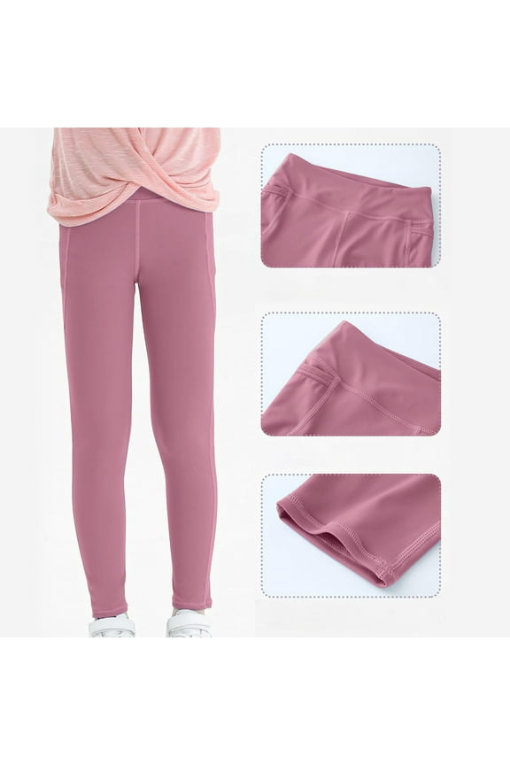 Girls Leggings with Pockets, Toddler Girls Seamless High Waisted Yoga Pants, Kids Comfortable Breathable Workout Running Ankle Length Trousers, Style-PT-14, Pinky, 12T