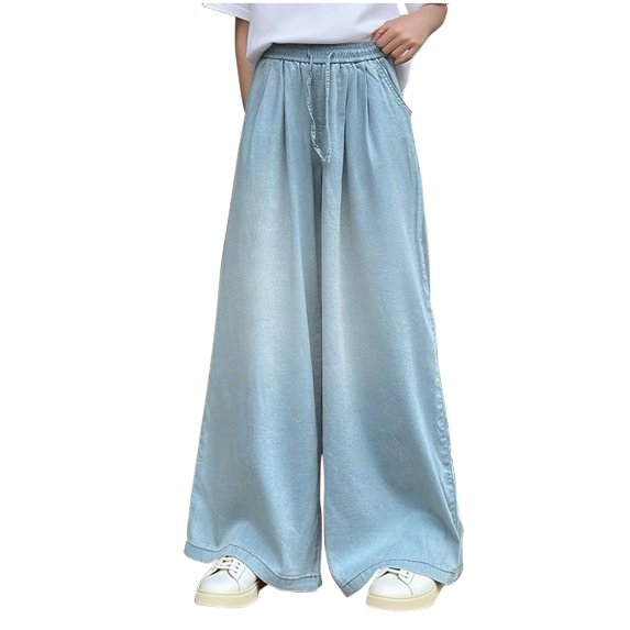LLYWEY Girls Light Wash Jeans, Drawstring Stretch Denim Pants, Elastic Waist, High-Rise Wide Leg, Functional Pockets, Trouser Jeans Casual School & Travel Wear for Tall Kids
