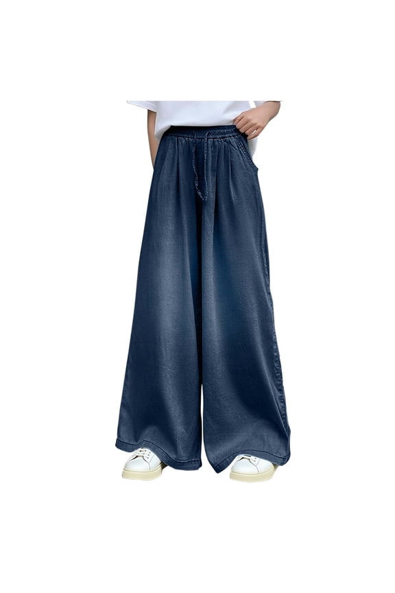 Girls Light Wash Jeans Drawstring Stretch Denim Pants Elastic Waist High-Rise Wide Leg Functional Pockets Trouser Casual School Travel Wear