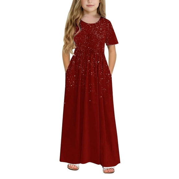 LLYWEY Girls Long Maxi Dresses, Teen Girl Casual Short Sleeve Pocket Shirts Dresses, Kids Elegant Formal Pleated A-Line Evening Party Long Dresses, , Wine, 7T