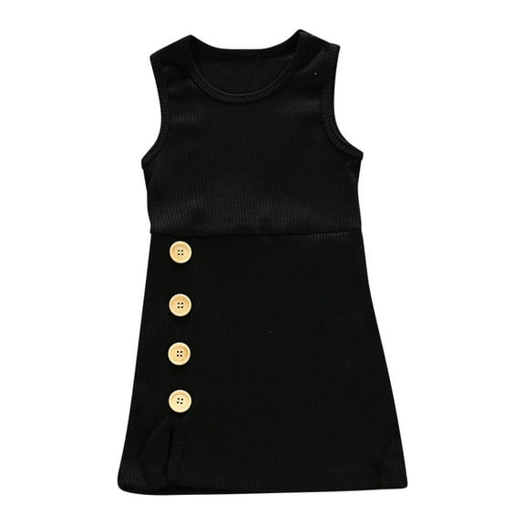 LLYWEY Girls Ribbed Tank Dresses, Toddler Baby Girls Solid Round Neck Sleeveless Summer Dresses Side Button Casual Sundress, Style BY-30, Black, 3 Months