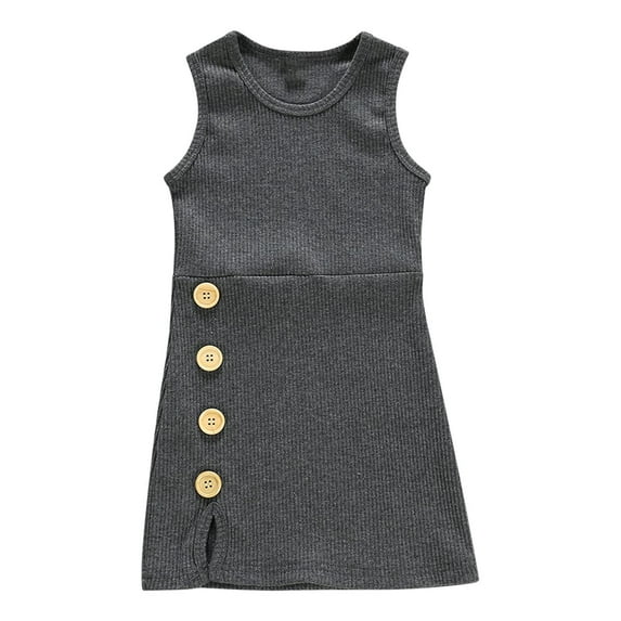 LLYWEY Girls Ribbed Tank Dresses, Toddler Baby Girls Solid Round Neck Sleeveless Summer Dresses Side Button Casual Sundress, Style BY-30, Gray, 2T